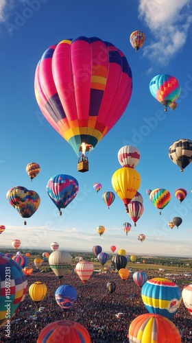 Colorful hot air balloons fill the sky above a lush landscape during a vibran...