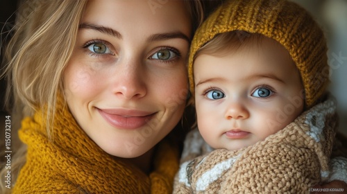 Warm embrace in winter with a mother and her baby wrapped in cozy sweaters and hats