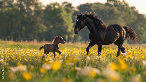 Horses running freely at sunset in a serene pastoral setting with a young foal