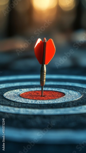 Dart with heart-shaped tip hitting the center of target in a serene blue wate...