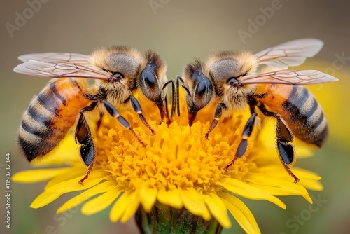 Bees gather nectar from a bright yellow flower during a sunny day in a natural garden setting
