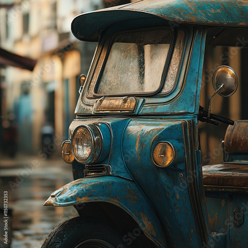 Old auto rickshaw on a street.