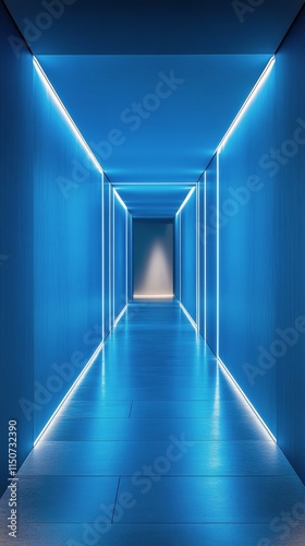 Modern corridor illuminated with blue neon lights at a contemporary building