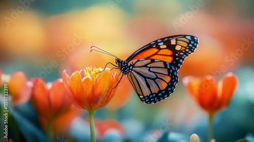 Monarch butterfly feeding on orange blossoms in a vibrant garden during sprin...