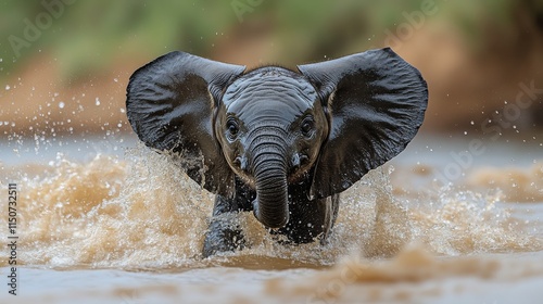 Young elephant splashes joyfully in river during sunny day surrounded by lush...