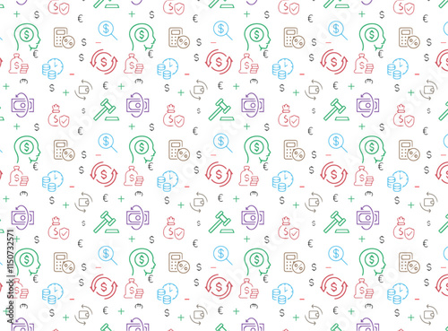  Money seamless pattern. Vector background included line icons as piggy bank, wallet, credit card, coin, banknote, bag, cash, finance, receipt outline pictogram for banking.