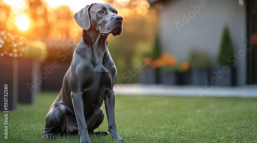 Beautiful gray dog sits in lush green yard at sunset near cozy home