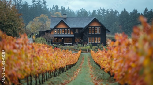 Colorful vineyard landscape in autumn with vibrant trees and rolling hills in...