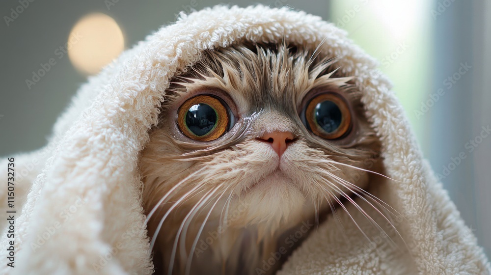 Obraz premium Cute Cat Wrapped in Towel with Big Eyes Looking Curious