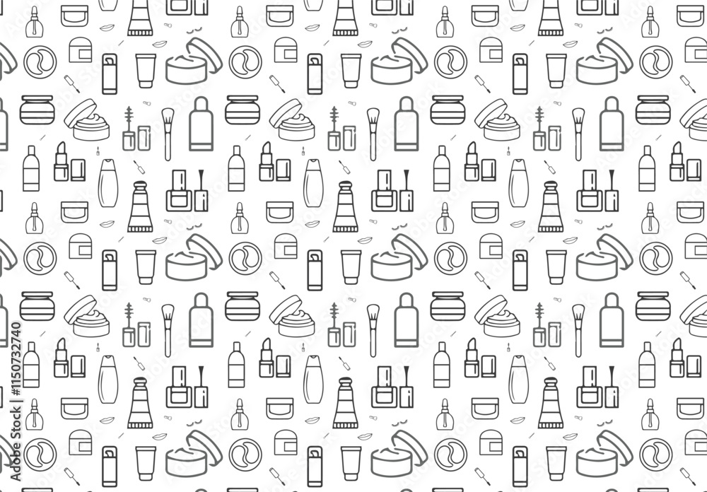 Obraz premium Beauty and Cosmetics Seamless Pattern and Background with Line Icons