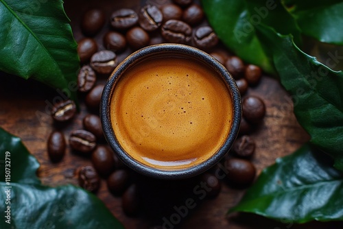 Rich coffee served in a dark cup surrounded by roasted coffee beans on wooden...