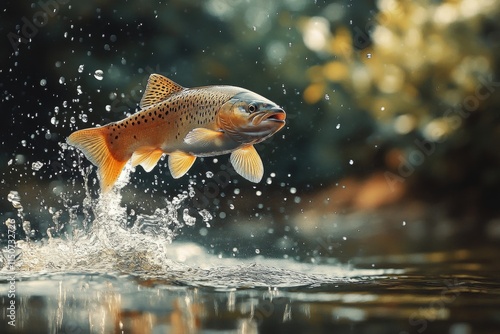 Brown trout leaps from the water creating splashes at sunset in a tranquil ou...