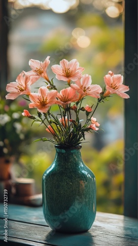 Beautiful pink flowers in a turquoise vase against a soft, blurred outdoor ba...