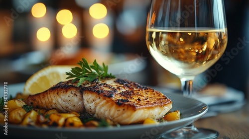 Delicious grilled salmon with vegetables and white wine in cozy dining setting