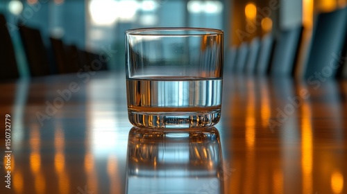 Glass of sparkling water on a wooden table in a conference room during a busi...