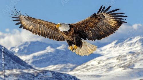 Majestic bald eagle soaring above snow-covered mountains under clear blue sky