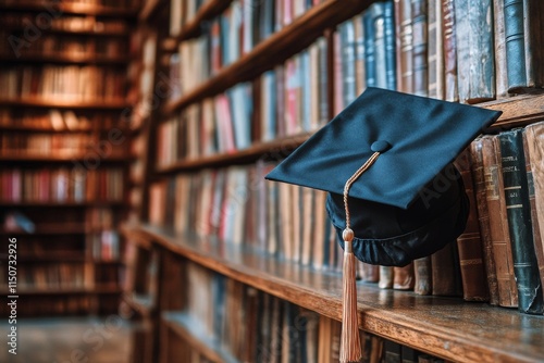 Graduation cap resting on a wooden shelf filled with classic books in a library