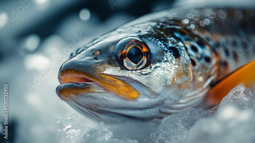 Freshly caught rainbow trout displayed on ice at a seafood market during the ...