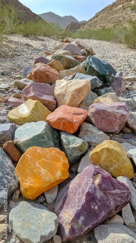 Colorful collection of smooth stones arranged on a natural surface in bright ...