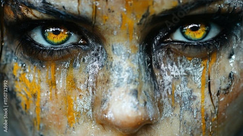 Intense gaze of a person with striking eyes and dramatic face paint showcasin...