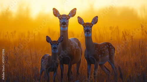 Sunrise silhouette of a deer family in a misty meadow with gentle golden light