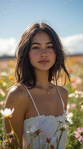 Beautiful young woman smiling in a flower field during a sunny day under blue...