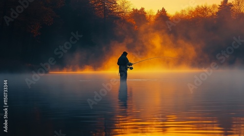 Fishing at dawn with vibrant sunrise and mist reflecting on the water surface