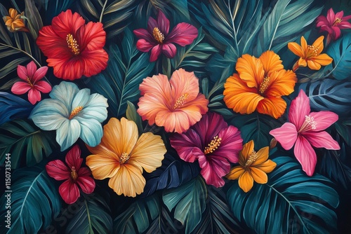 Vibrant tropical flowers and lush leaves in colorful display for nature lovers