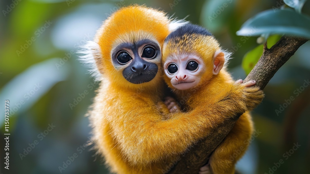 Fototapeta premium Playful monkeys clinging to tree branch in lush environment during daylight