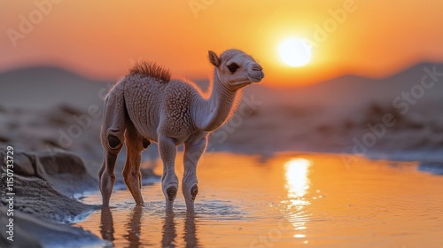 Curious camel calf gazes at sunset in a desert landscape