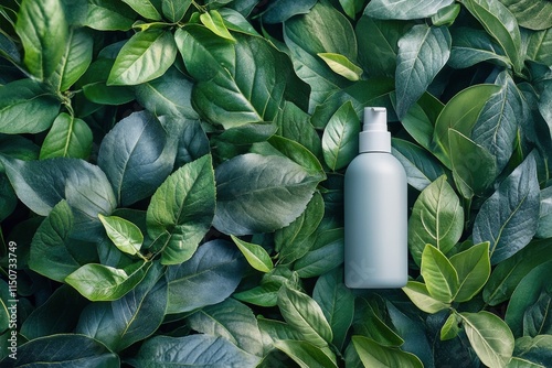 Clear liquid bottle resting on lush green leaves in a natural setting
