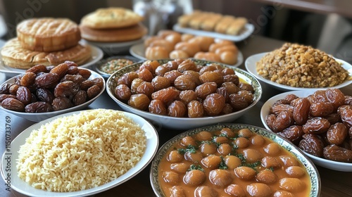 Festive dining table decorated with a variety of traditional dishes and vibra...