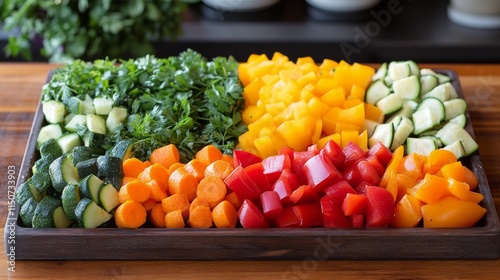 Vibrant vegetable platter showcasing fresh produce on a wooden board