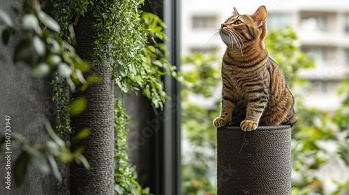 Cat relaxing on a gray couch with sunlight filtering through plants in a cozy...