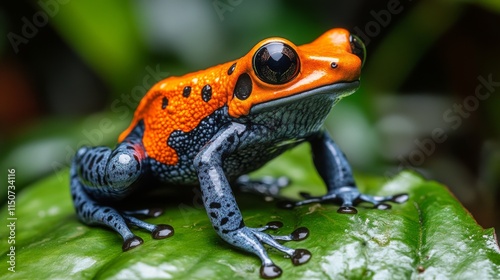 Colorful frog resting on a leaf in a lush tropical environment during daytime
