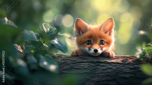 Curious young fox peeks through green foliage in a forest during daylight hours