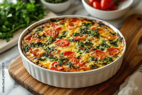 Savory baked dish topped with fresh herbs on a rustic wooden board during day...