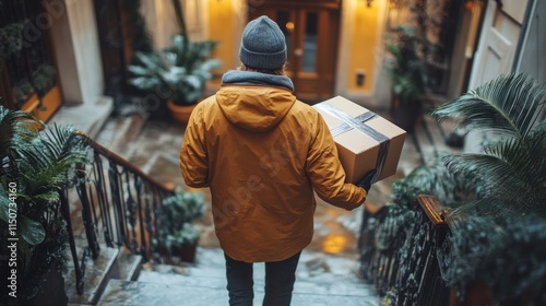 Delivery service worker sorting packages in a warehouse during daylight hours