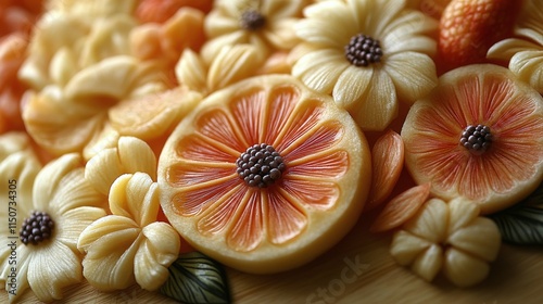Colorful fruit platter arranged beautifully on a wooden board showcasing fres...