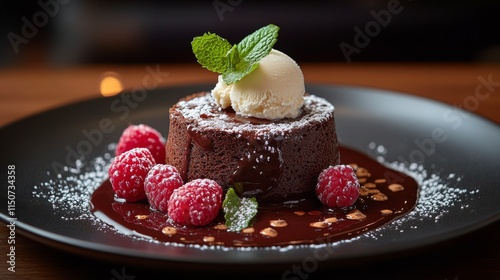 Decadent chocolate cake with ice cream served on a rustic wooden table