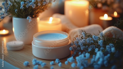 Relaxing atmosphere with candles and flowers in a cozy setting during the eve...