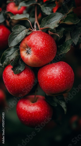 Fresh red apples hanging from a tree in an orchard during autumn harvest season