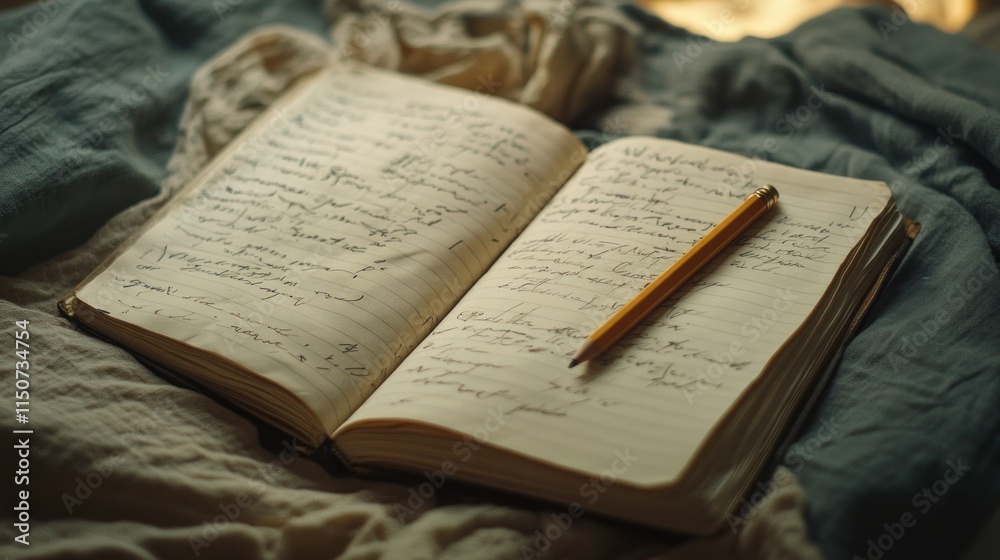 Obraz premium Open notebook with pencil on a bed.