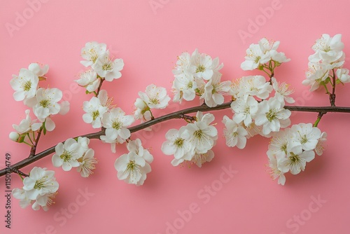 Beautiful white cherry blossom branch against a pink background showcasing na...