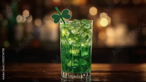 Refreshing green drink with ice and clovers garnishing during a festive celeb...
