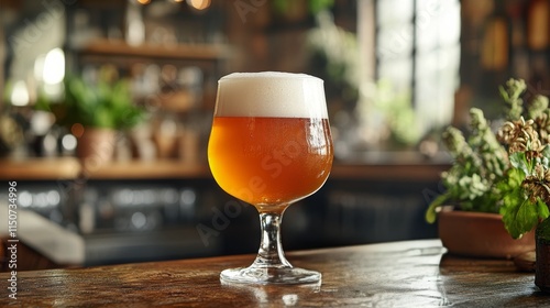 Craft beer served in a glass on a wooden table in a cozy bar setting
