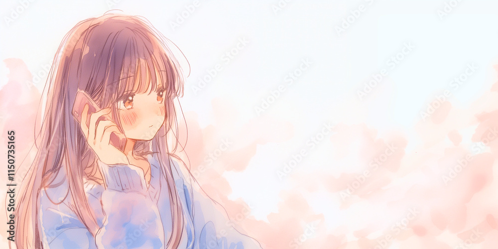 電話をする少女。水彩画。挿絵、イラスト。 電話をする少女。水彩画。挿絵、イラスト。