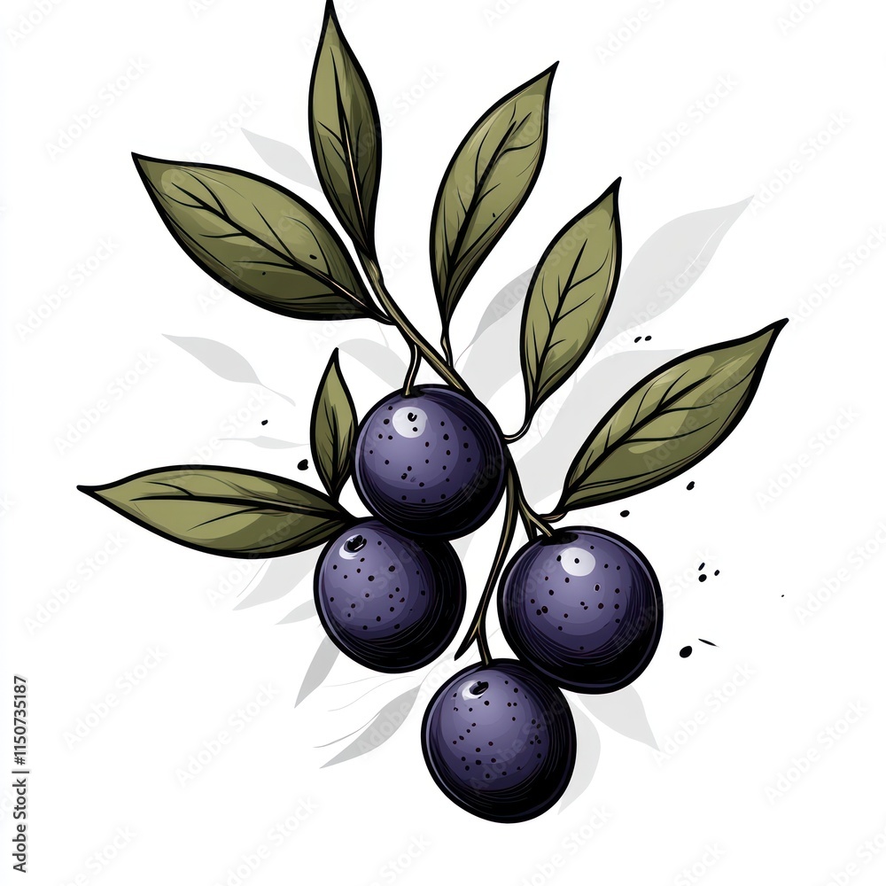 Illustration of three dark-purple berries on a branch with leaves. Illustration of three dark-purple berries on a branch with leaves.