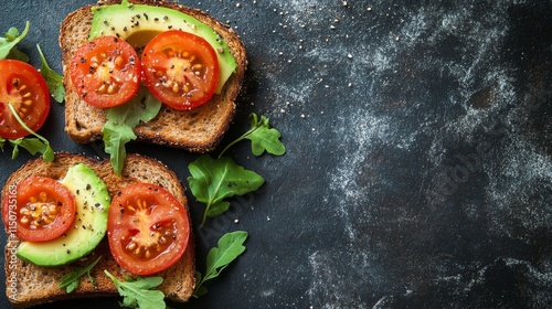 Avocado toast with cherry tomatoes and fresh basil on rustic table