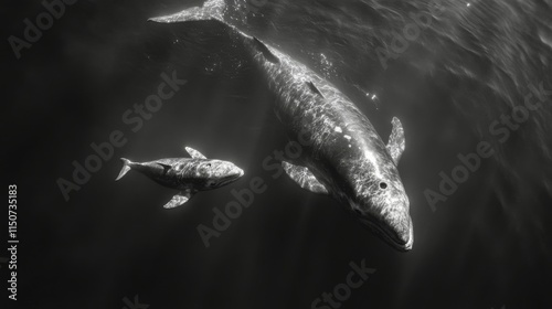 Two marine mammals swimming gracefully in a serene underwater environment